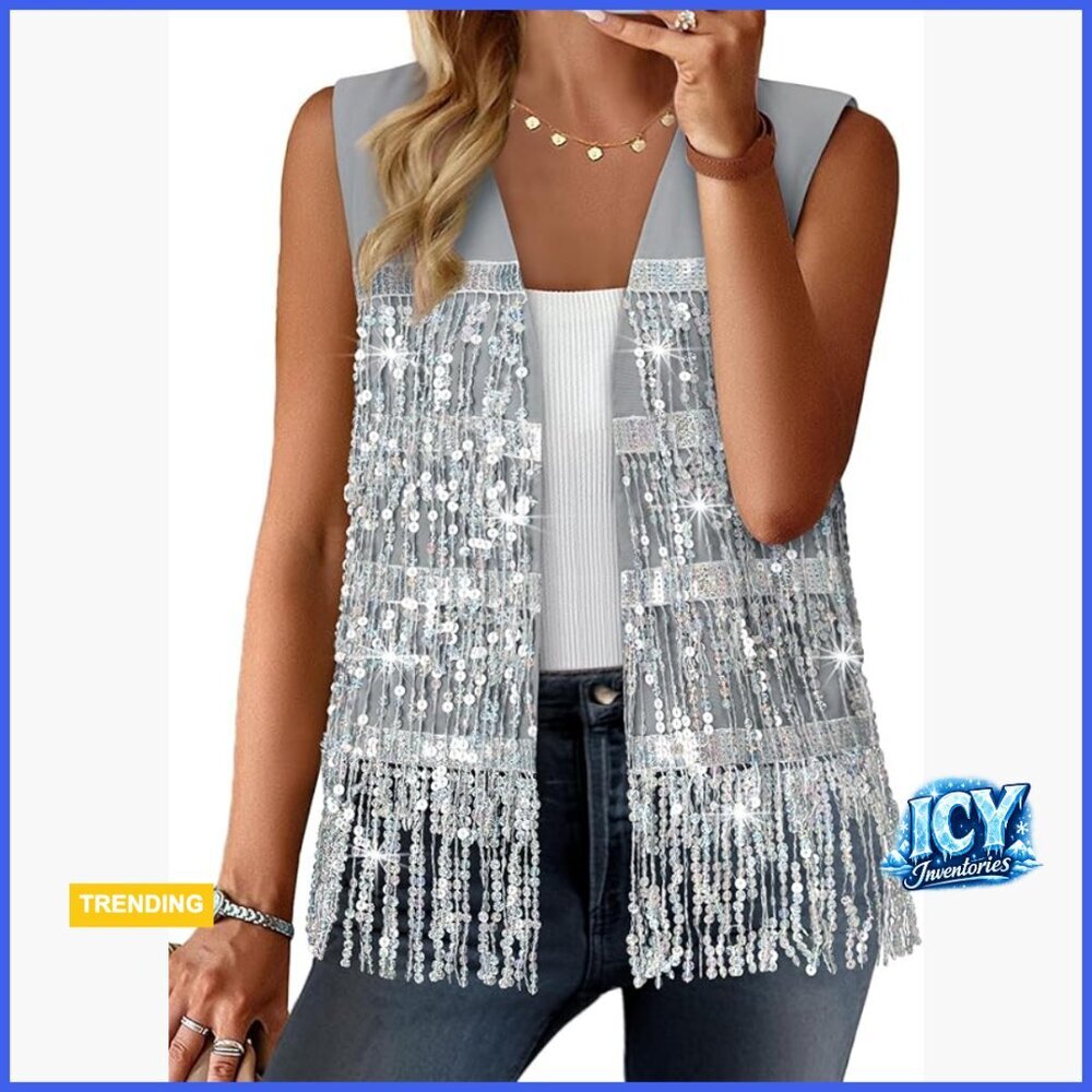 Sequin Fringe Sleeveless Vest Sparkly Lightweight Fitted Jacket Cardigan